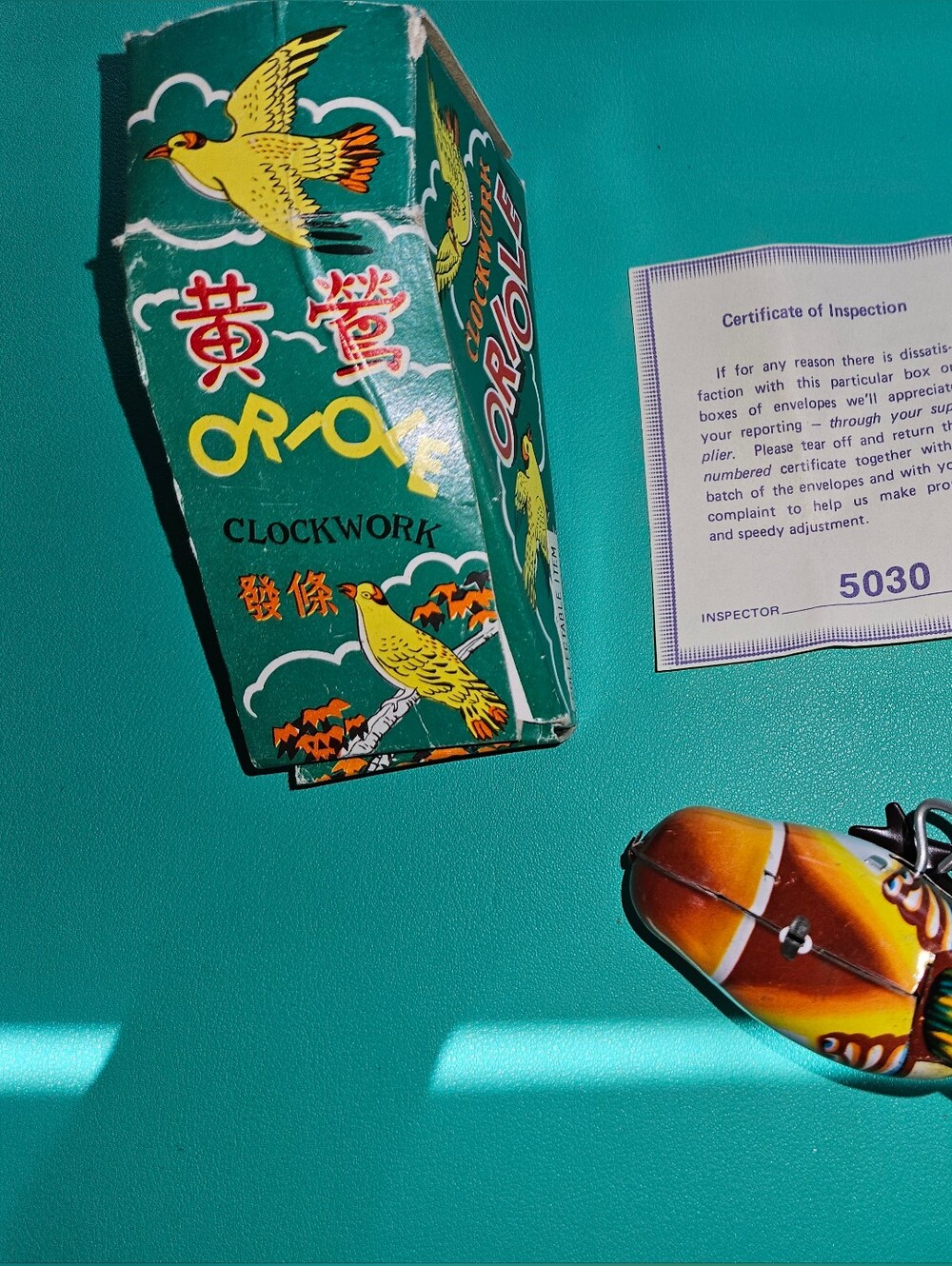 Collectible Vintage Tin Lithograph Clockwork Oriole Wind-Up Toy Box & Insp. Slip